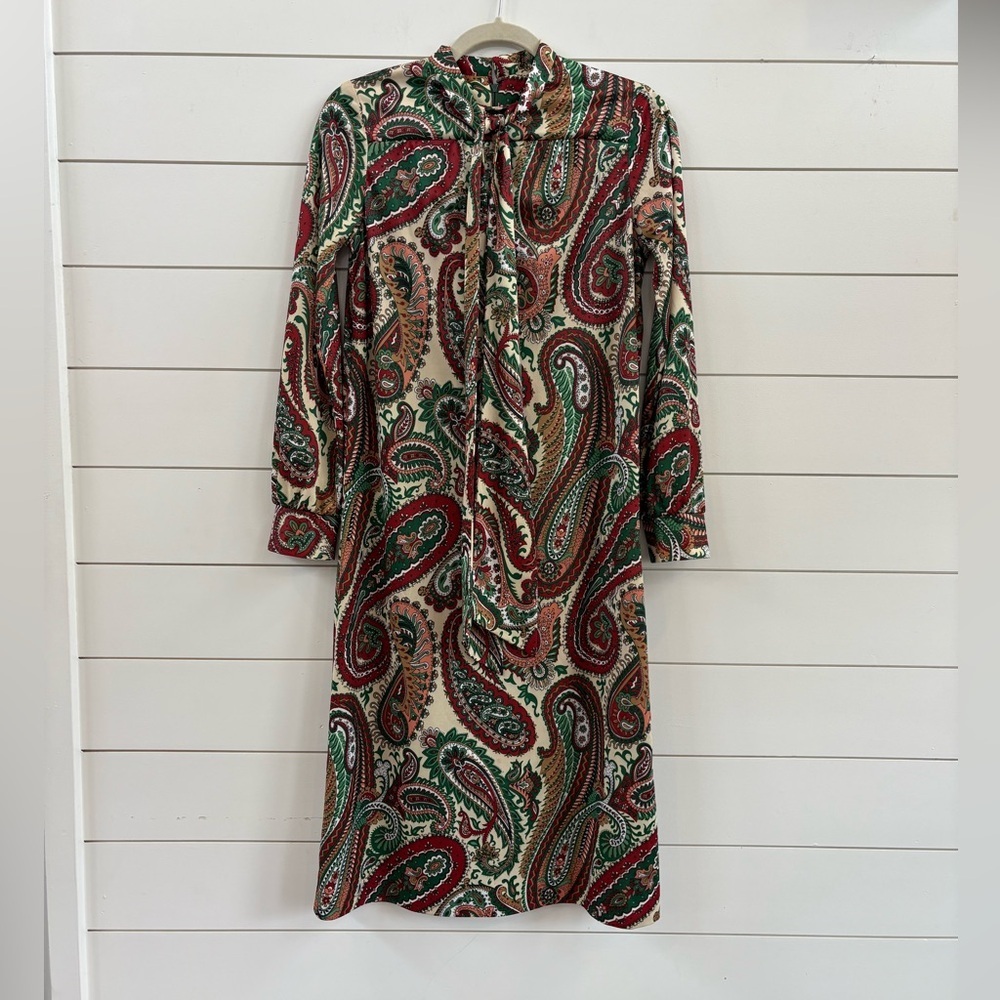 Vintage Roberta Lee Paisley Tie-Neck Long Sleeve Midi Dress